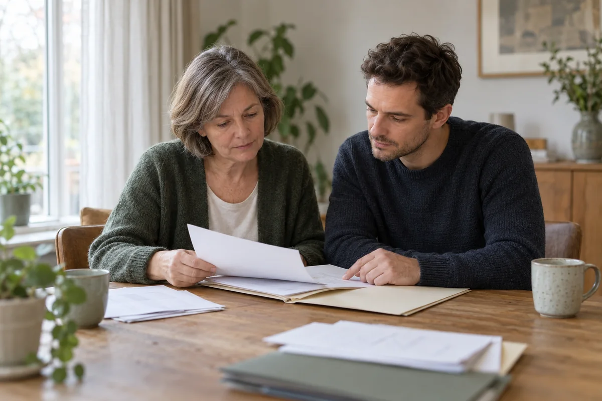 Twee volwassenen bekijken rustig samen papieren aan de keukentafel