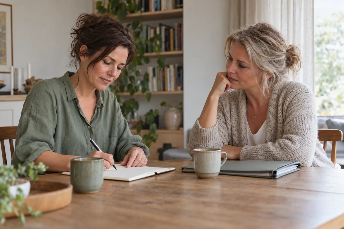 Twee vrouwen bespreken thuis samen praktische zaken